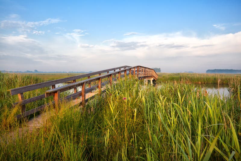 Wooden bridge for bikes in the morning