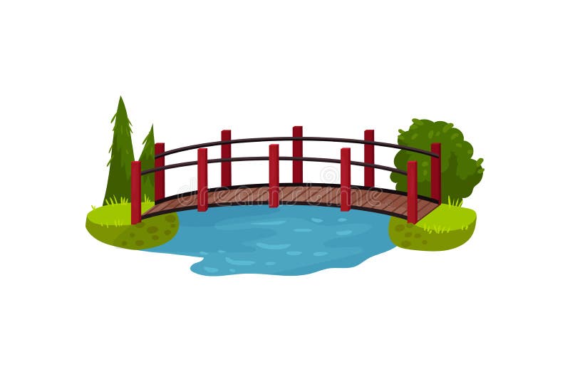 Wooden bridge over blue pond or river. Timber footbridge, green trees, bush and grass. Landscape element. Flat vector