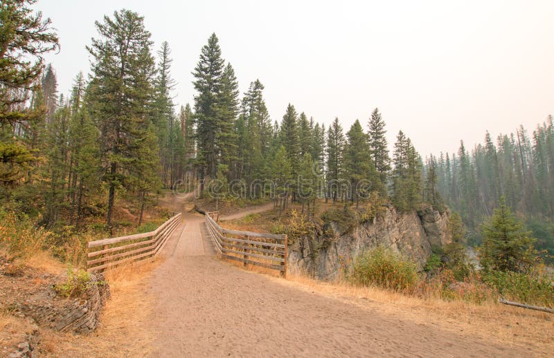 Wooden Bridge over Meadow Creek Gorge for hiking and horseback packing trail in the Bob Marshall Wilderness area in Montana USA royalty free stock image Wooden Bridge over Meadow Creek Gorge for hiking and horseback packing trail in the Bob Marshall Wilderness area in Montana USA royalty free stock image