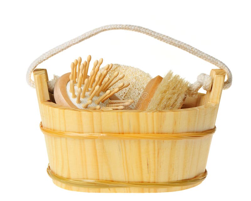 Wooden bucket in shower stock photo. Image of indoor 14263106