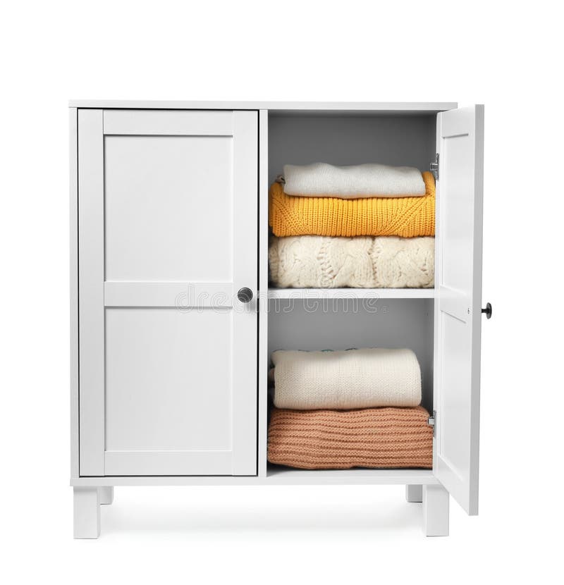 Wooden Cabinet With Clothes On White Stylish Furniture For