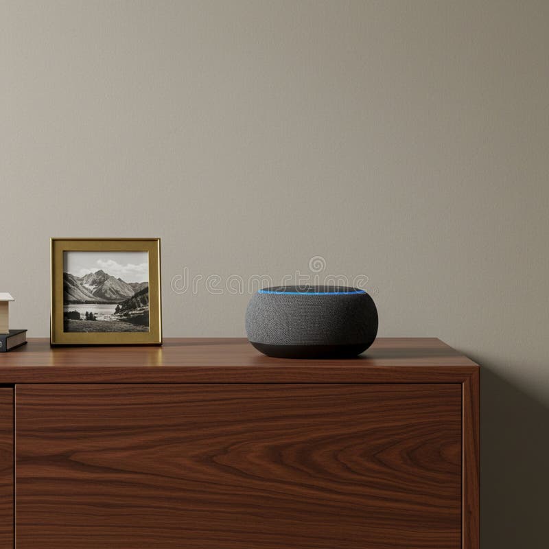 A wooden cabinet features a smart speaker with a rounded design and gray fabric royalty free illustration
