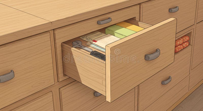 A wooden cabinet with multiple drawers is shown, with one drawer open. Inside, ther vector illustration