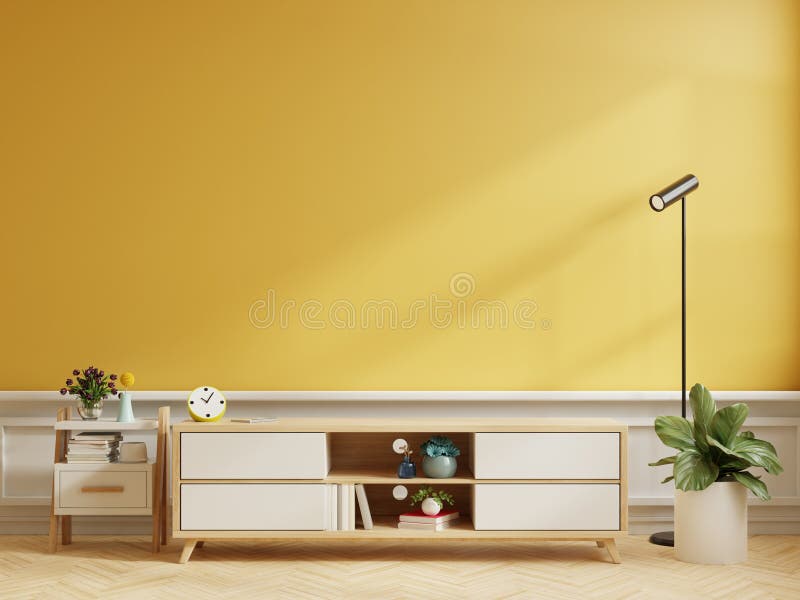 Wooden for Tv Interior Yellow Wall Mockup Stock Illustration