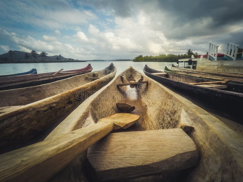 Wooden canoe boats, traditional wood boat closeup -