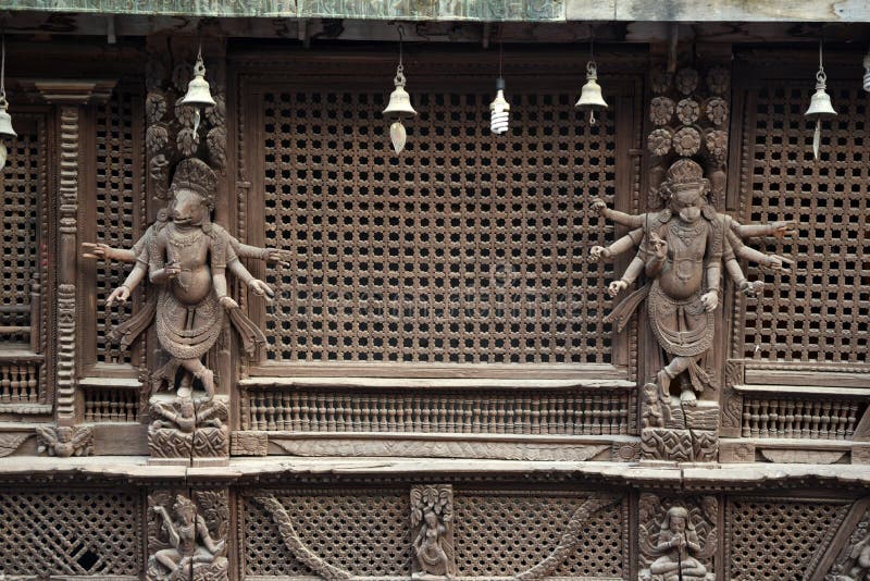 Wooden carvings on a Hindu temple in Kathmandu, Nepal. Now destroyed by the powerful earthquake that hit Nepal royalty free stock image Wooden carvings on a Hindu temple in Kathmandu, Nepal. Now destroyed by the powerful earthquake that hit Nepal royalty free stock image