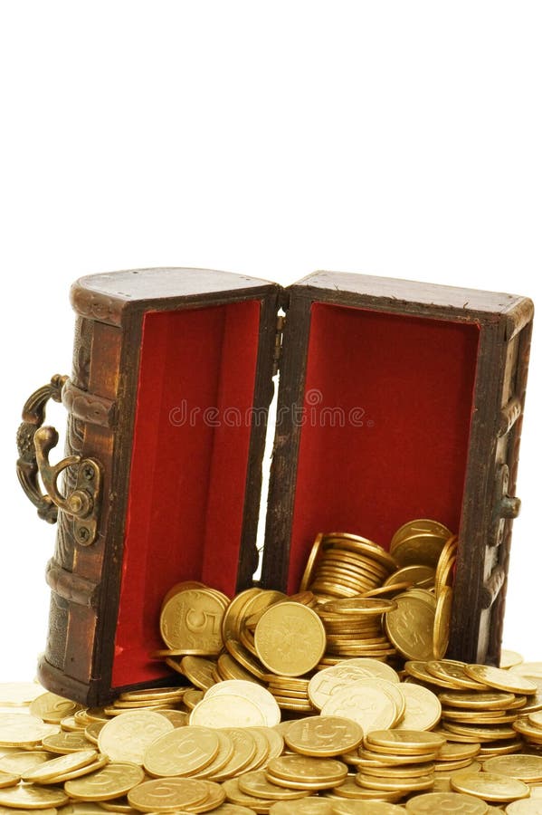 Wooden casket full of coins