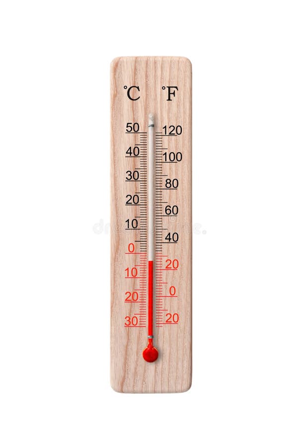 wooden celsius fahrenheit thermometer over white, Stock image