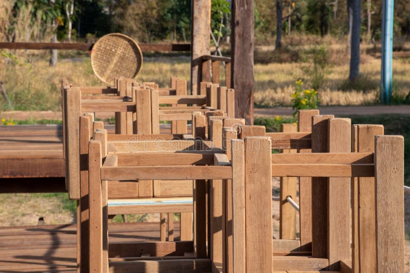 Big Wooden Table With Chairs Stock Photo - Image of cement 