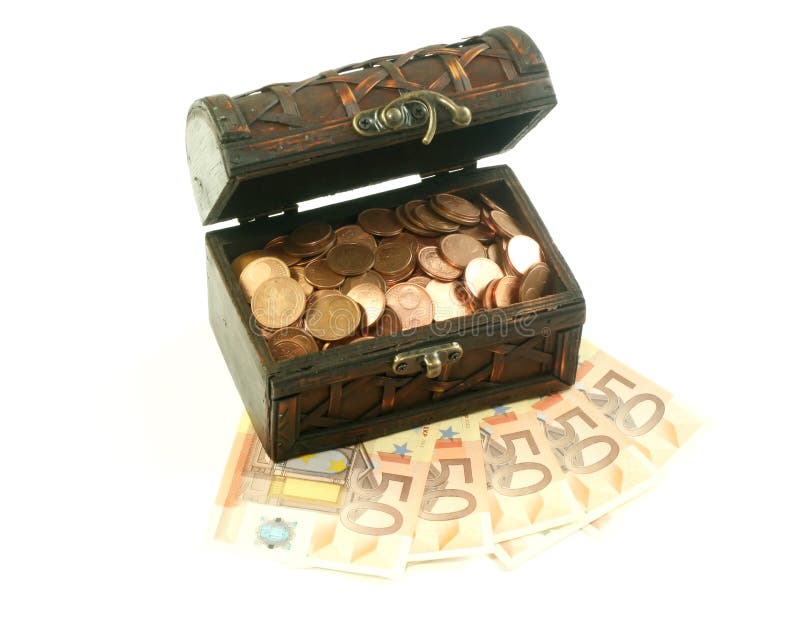 Wooden chest full of coins on banknotes of euro