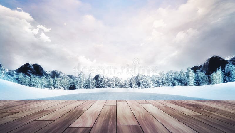 Wooden chillout terrace in winter mountain landscape