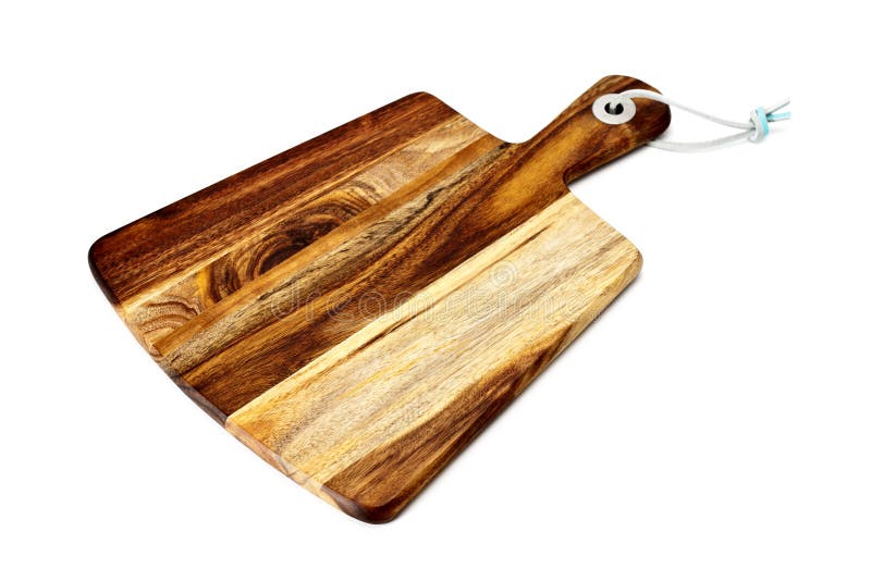 Wooden Chopping Board with Meat Hatchet and Fork and Knife on Light
