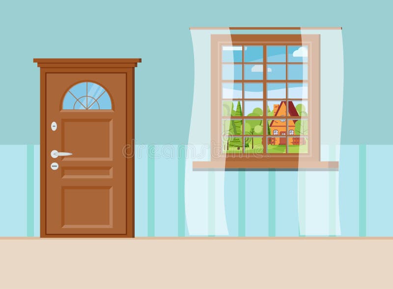 Wooden Closed Entrance Door and Window with Summer View of Landscape with Cartoon House Stock Vector - Illustration of cartoon, house: 152304643 Wooden Closed Entrance Door and Window with Summer View of Landscape with Cartoon House Stock Vector - Illustration of cartoon, house: 152304643