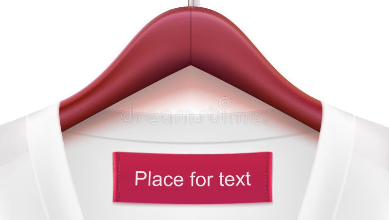 Wooden clothes hangers with colored clothes and empty tag on the collar. White tag on clothing for your text. Horizontal