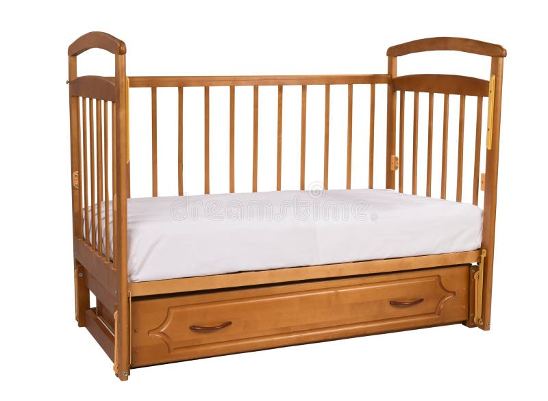 Wooden cot with matress isolated on white background royalty free stock photography Wooden cot with matress isolated on white background royalty free stock photography