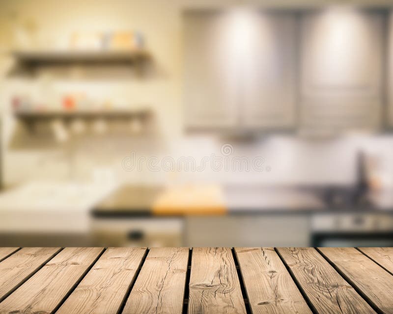 Table Top Wooden Counter Blurred Kitchen Background Stock Image - Image ...
