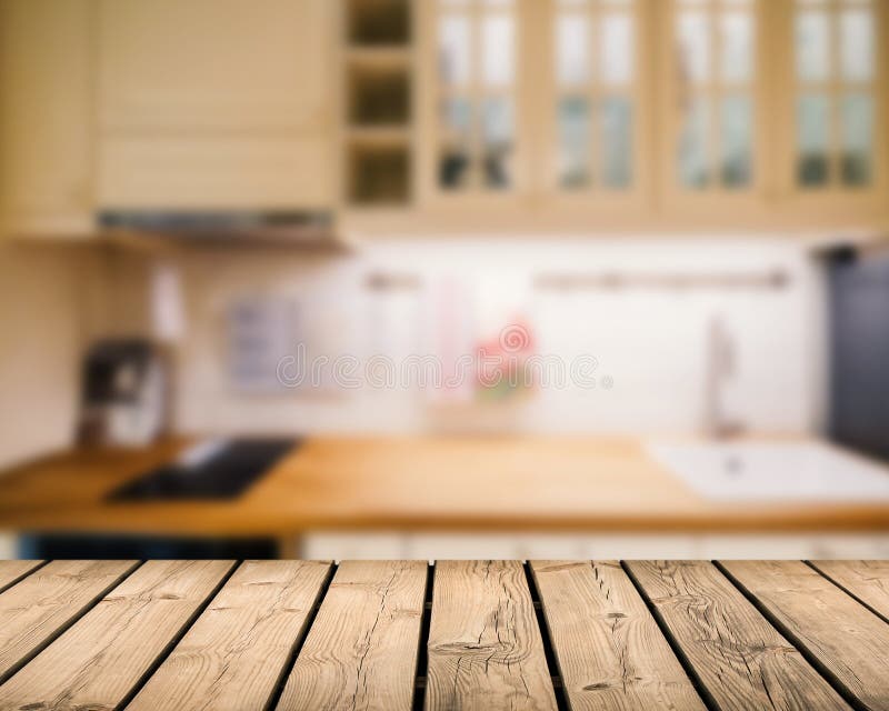 Wooden Counter Top with Kitchen Background Stock Photo - Image of ...