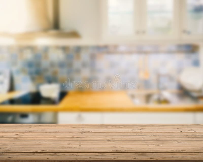 Wooden Counter Top with Kitchen Background Stock Photo - Image of ...