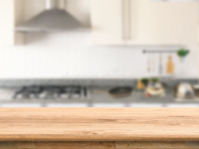 Wooden counter top with kitchen background stock photo