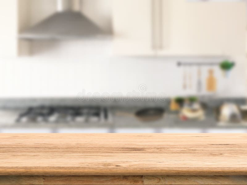 Wooden Counter Top with Kitchen Background Stock Photo - Image of ...