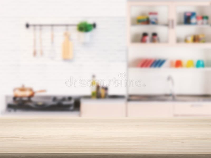 Wooden counter top with kitchen background royalty free stock photography