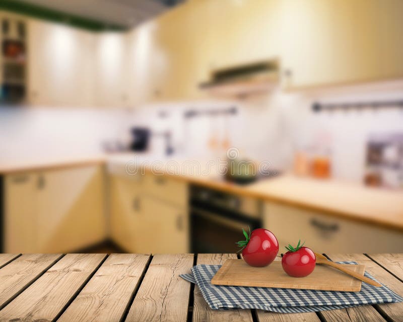 Wooden counter top with tomato and chopping board stock illustration