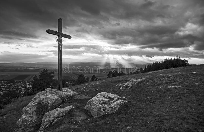 Wooden Cross on Hill in Black and White Stock Photo Image of