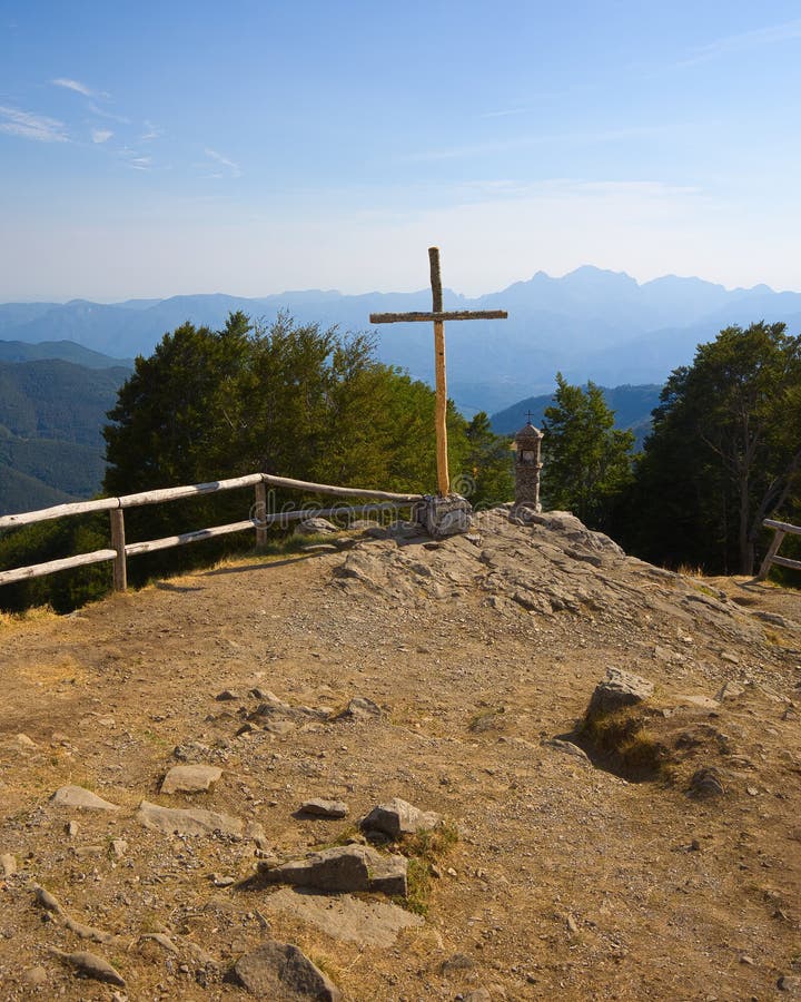 Wooden cross at the San Pellegrino in Alpe pilgrimage site, located in the mountains of the Apennines in Italy stock image Wooden cross at the San Pellegrino in Alpe pilgrimage site, located in the mountains of the Apennines in Italy stock image