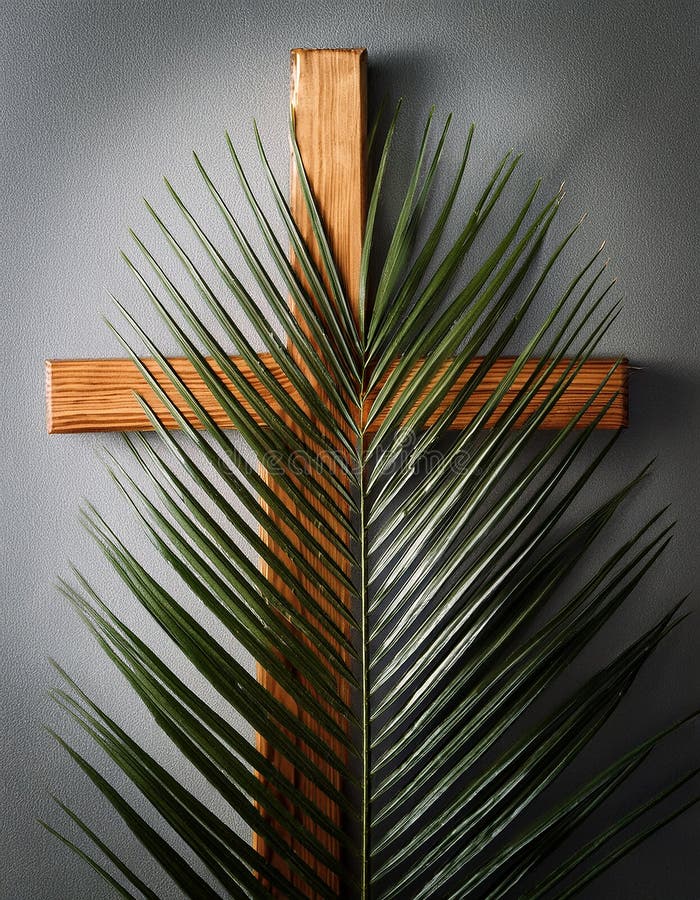 Palm sunday background. Cross and palm on grey background stock illustration