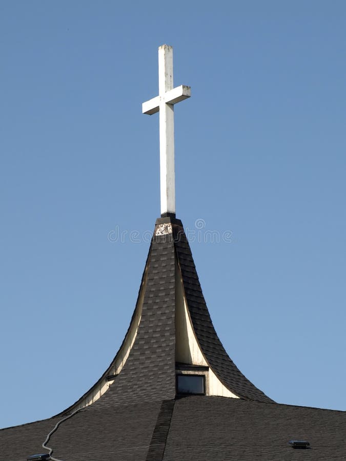 White Cross Atop A Church Steeple Stock Photo - Image of christian