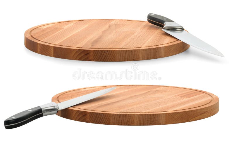 Wooden Cutting Board and Knife Isolated on White Background. Set Stock ...
