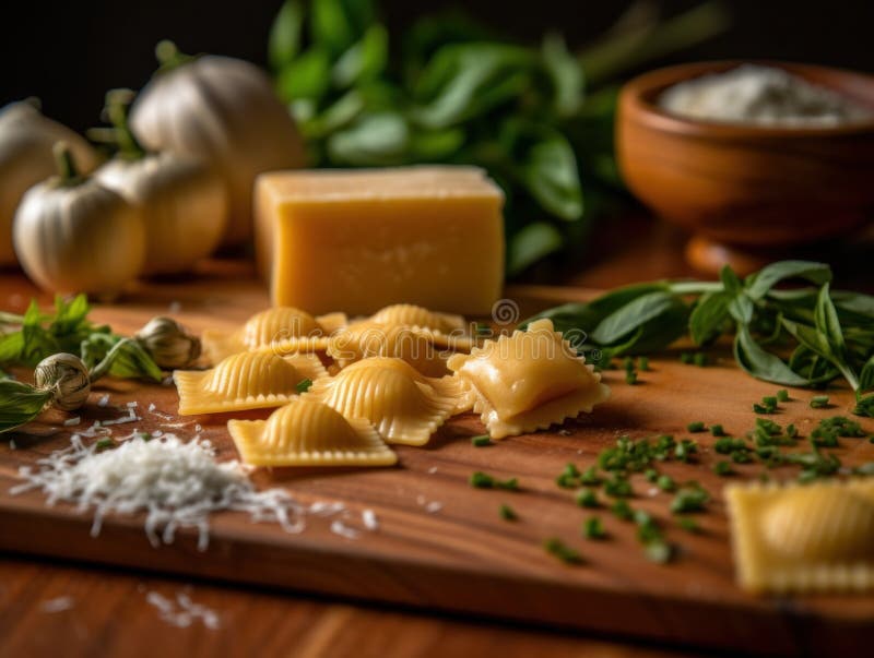 A Wooden Cutting Board Topped with Pasta and Cheese. Generative AI