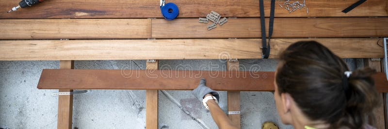 Wooden deck construction in progress royalty free stock photos