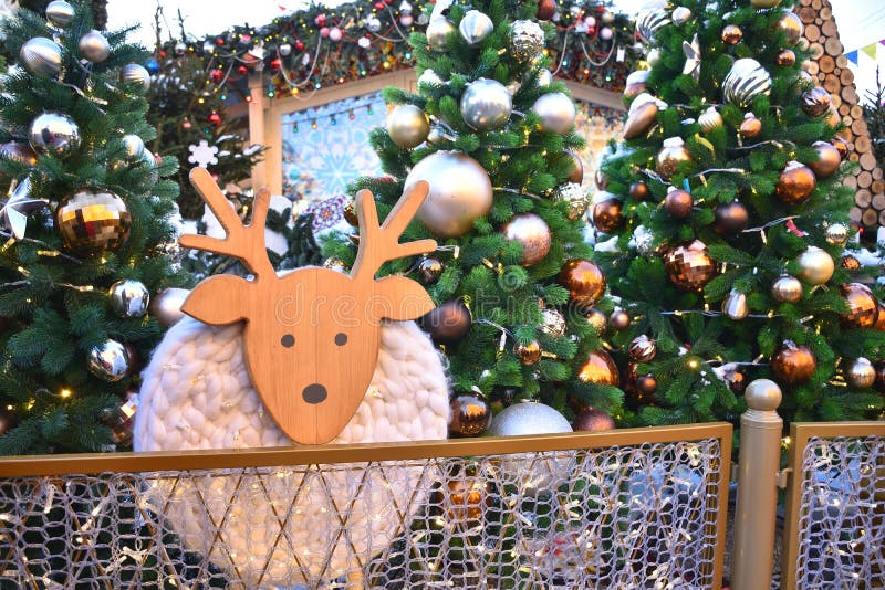 Wooden Deer among the Christmas Trees Stock Photo Image of green