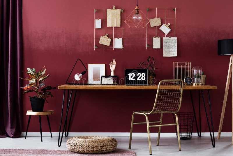 Red home office interior stock photo. Image of lamp - 115038946