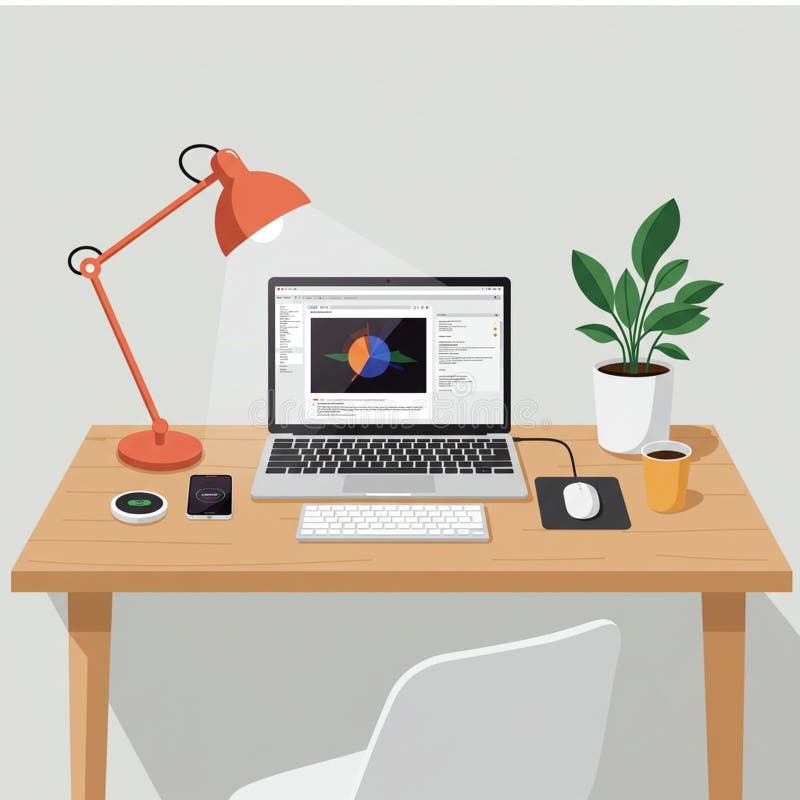 A wooden desk features a laptop displaying colorful abstract graphics. To the left is stock illustration