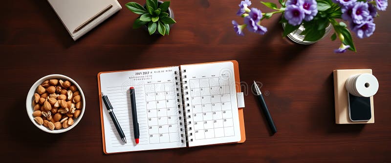 Wooden desk study setup with planner and snacks royalty free stock photos