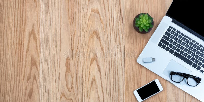 Wooden Desktop with Basic Technology for Work Stock Photo - Image of