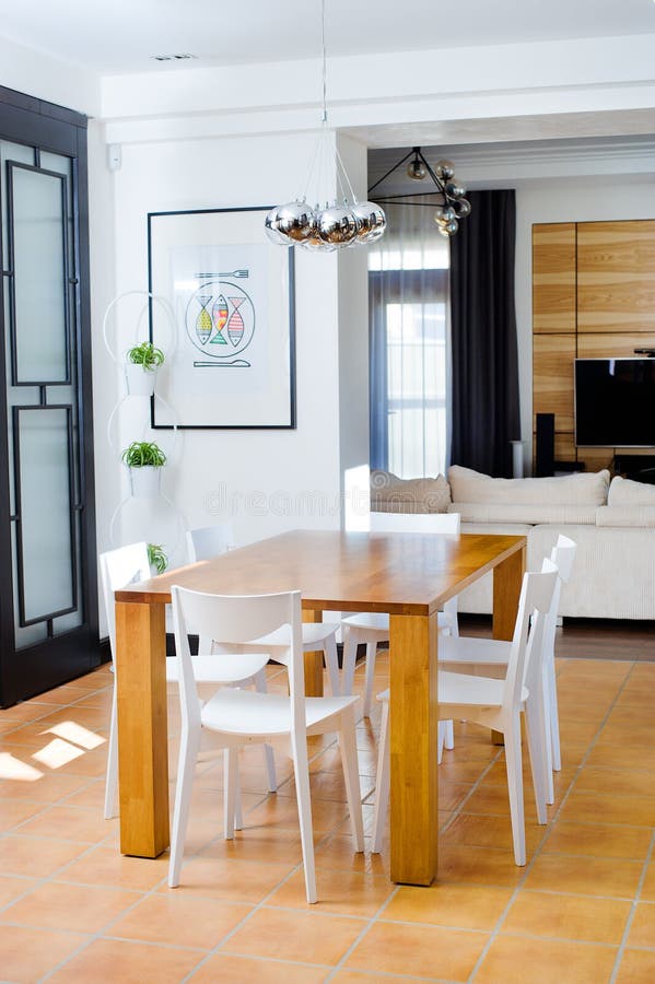Wooden Dining Table with White Chairs Stock Image Image of living, fish 40315501