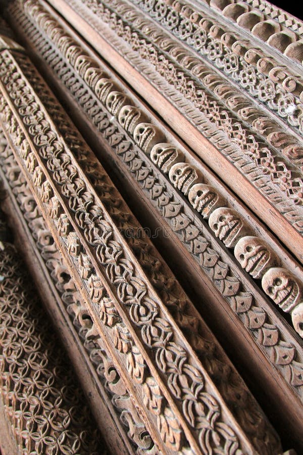 Wooden entrance carved in skulls at Hanuman Dhoka, Nepal royalty free stock images Wooden entrance carved in skulls at Hanuman Dhoka, Nepal royalty free stock images