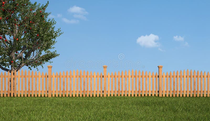 Wooden fence and apple tree vector illustration Wooden fence and apple tree vector illustration