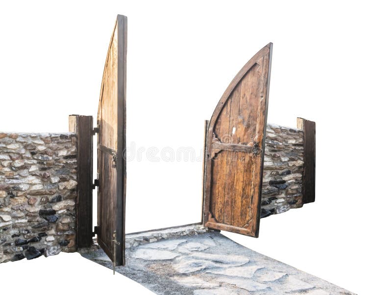 The wooden fence gate is open with an oblique view,isolated on white background