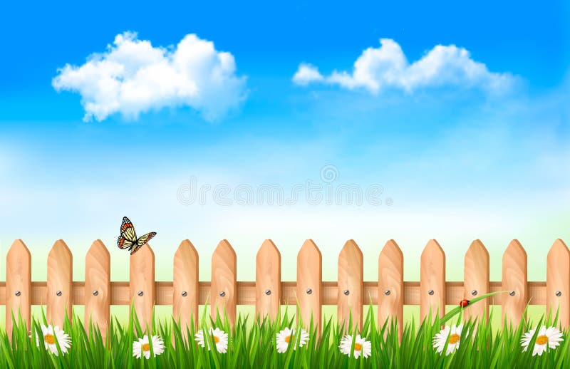 Wooden fence in grass with flowers