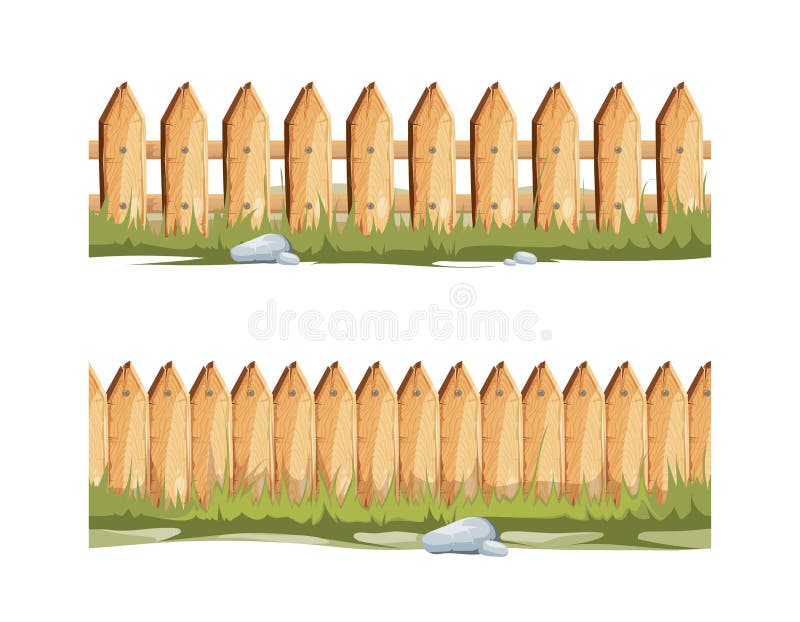 Wooden fences with grass and stones. Seamless vector cartoon background