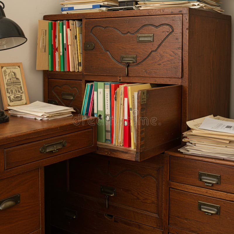Wooden file cabinet with multiple drawers, one open revealing documents and folders stock illustration