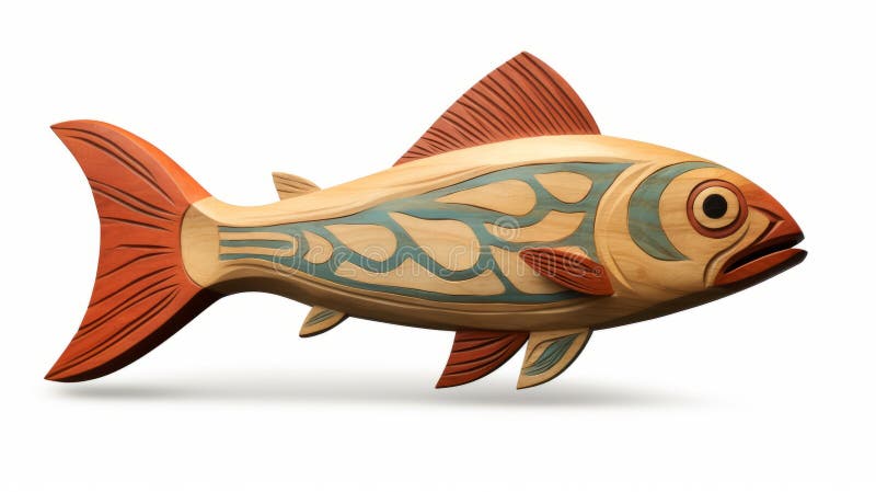 Wooden Fish Art: Native American Inspired Representation On White Background