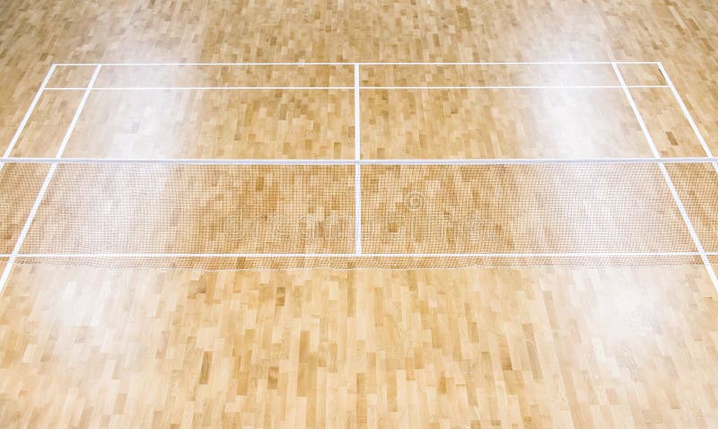 Wooden floor badminton court and nets. Wooden floor of sports ha. Ll with marking lines line on wooden floor indoor, gym court royalty free stock photo Wooden floor badminton court and nets. Wooden floor of sports ha. Ll with marking lines line on wooden floor indoor, gym court royalty free stock photo
