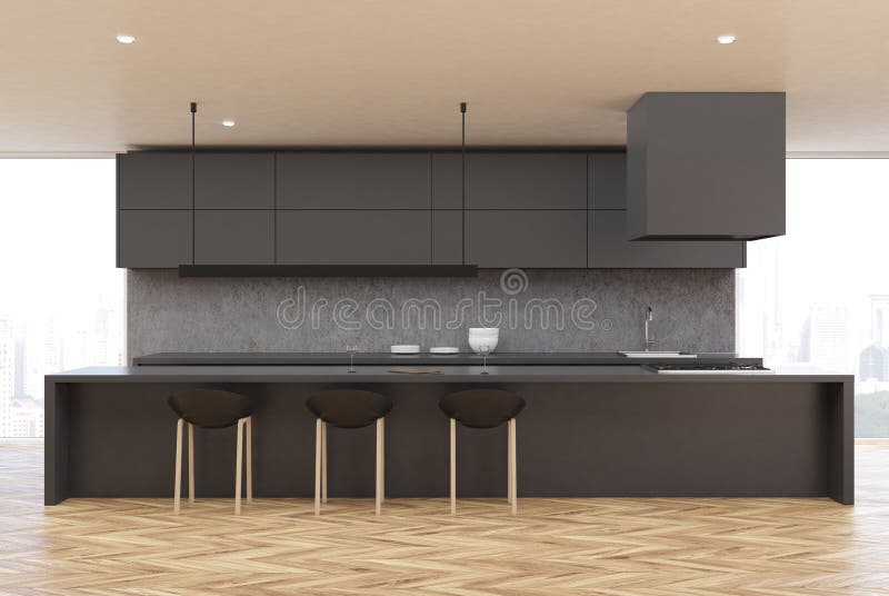 Wooden floor kitchen, gray table, front vector illustration Wooden floor kitchen, gray table, front vector illustration
