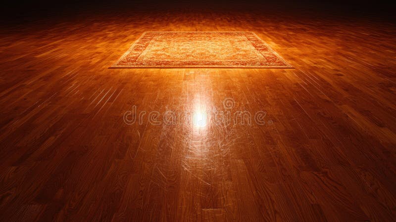 The image presents a wooden floor with a large, rectangular rug placed in the center. The rug is primarily orange and red in color and features a patterned design. The floor is illuminated by a bright light source, casting a warm glow on the wooden surface. The perspective of the image is from the floor, looking up at the rug, which creates a sense of depth and dimension. The floor appears to be made of wood planks, and the rug has a textured surface. Large rectangular light source stock images, royalty-free photos and pictures