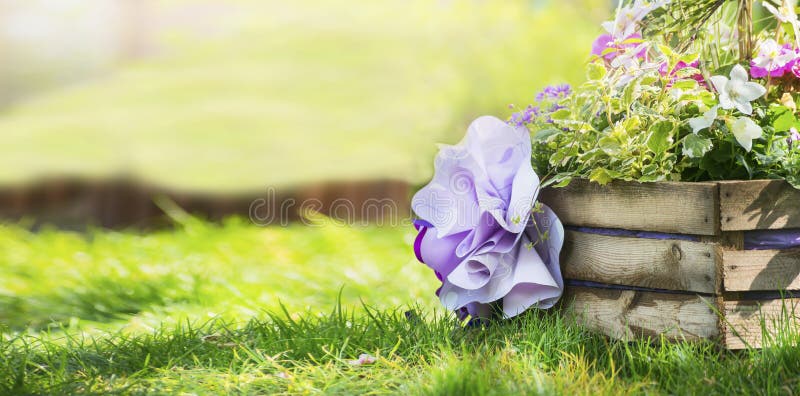 In legno letto di fiori nel parco con colorati fiori di primavera, su uno sfondo di un prato e illuminata dal sole alberi di spazio per il testo del banner.